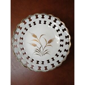Lefton China Vintage Hand Painted Wheat‎ Pattern Gold Trim Pedestal Plate #130B5